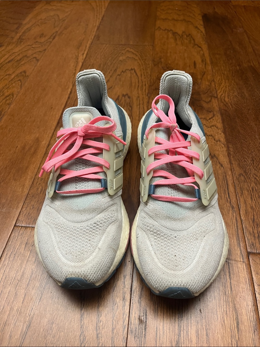 adidas Women’s Neutral Running Sneakers in Light Gray with Pink Laces